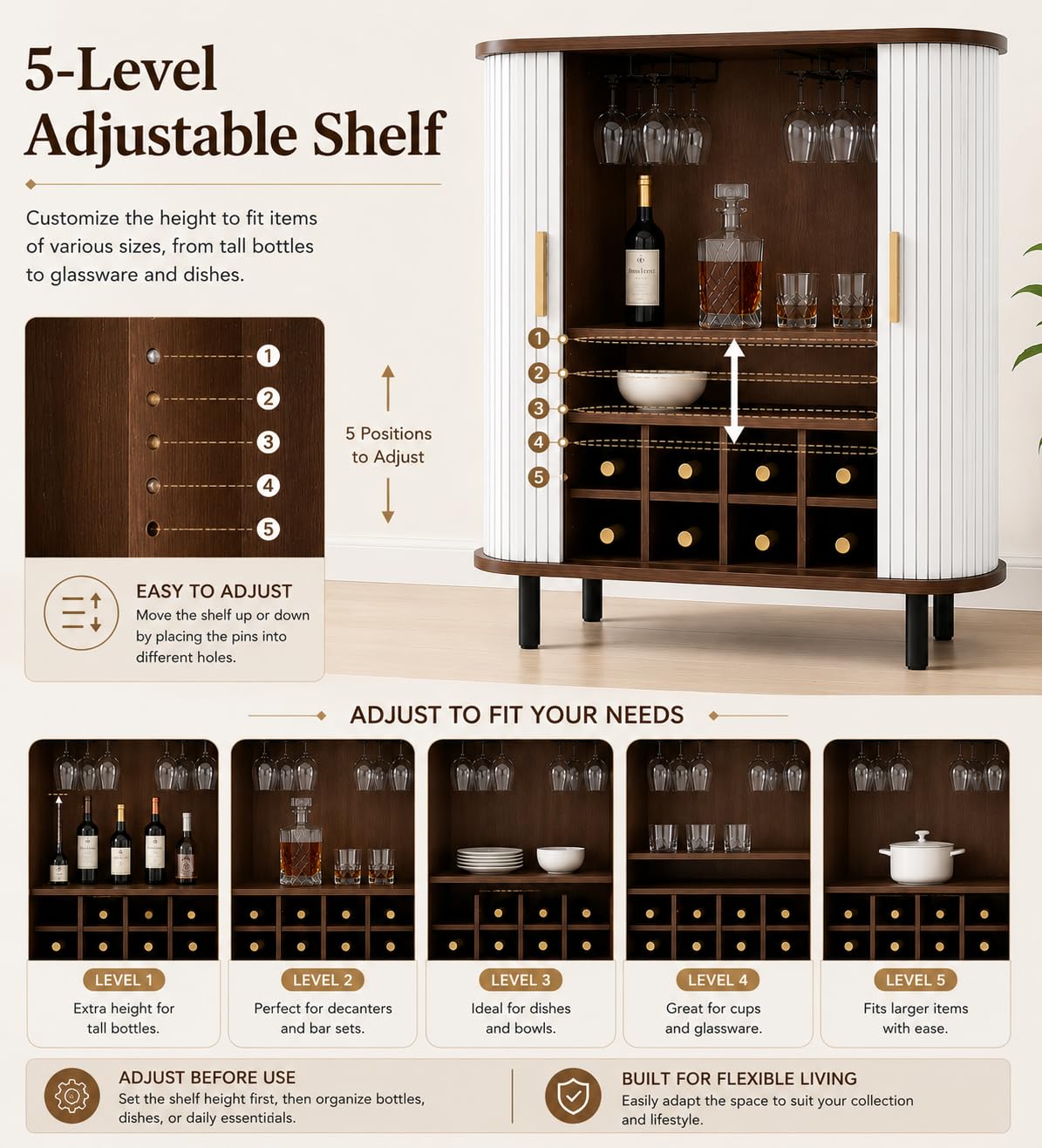 28 Inch Fluted Wine Bar Cabinet with Storage, Coffee Bar Cabinet with Sliding Tambour Doors, 8-Grid Wine Rack, Glass Holders, Adjustable Shelves, Sideboard Buffet Cabinet(Black)