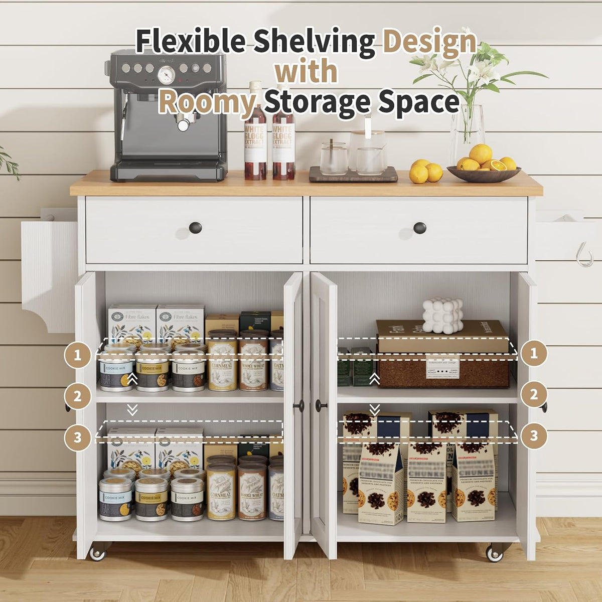 Kitchen Island with Storage, 35.4" Rolling Kitchen Island Cart on Wheels with 2 Drawers&Doors, Portable Kitchen Island Cart with Spice Rack&Towel Rack for Small Spaces Dining Room, White