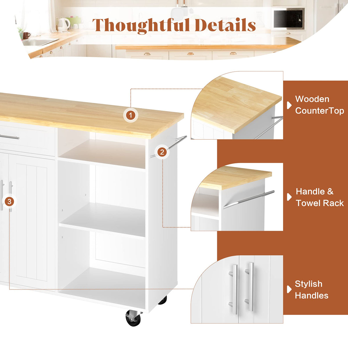 JY QAQA 26" Rolling Kitchen Island Cart on Wheels, Mobile Storage Cabinet with Adjustable Inner Shelves, Kitchen Prep Cart with Towel Rack & Lockable Casters for Small Apartment Kitchen, White