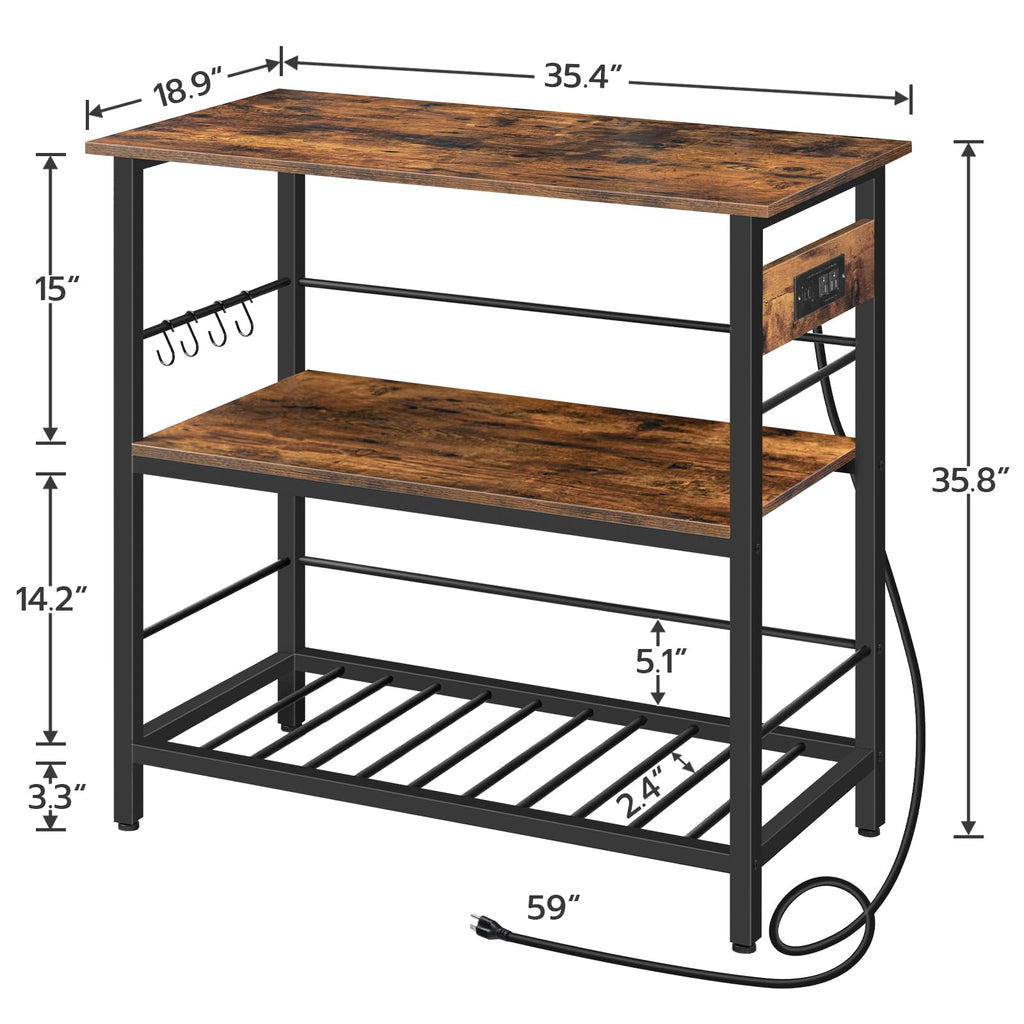 HOOBRO Kitchen Island with Storage, Kitchen Island Table with Power Outlet, 47.2" L 3 Tier Kitchen Counter and Microwave Stand, for Home, Kitchen and Dining Room, Rustic Brown and Black BF120UZD01