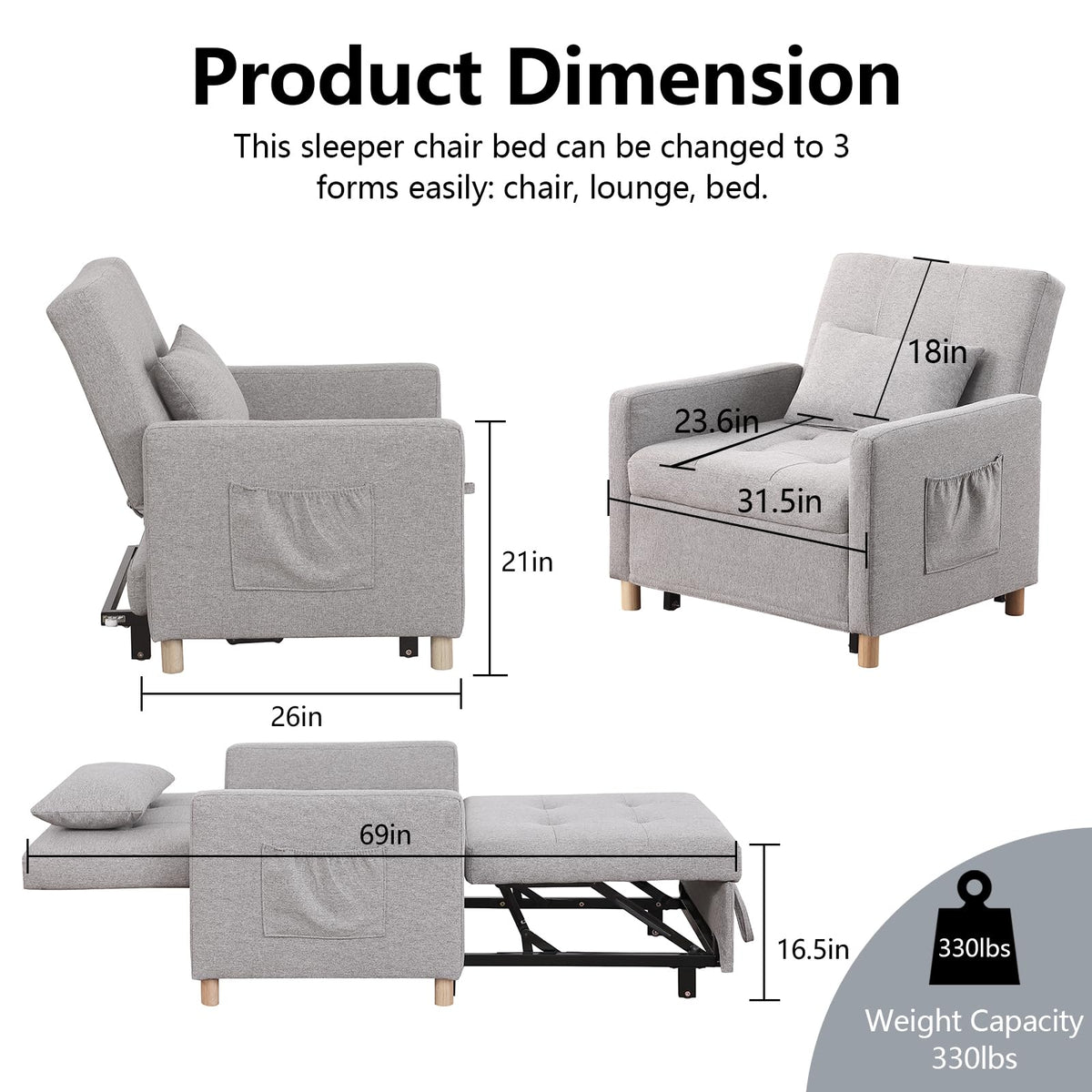 Sleeper Chair,Convertible Sleeper Sofa Chair,Pull Out Sleeper Chair with Adjustable Backrest,Multi-Functiona Lounge Chair for Living Room(Gray)