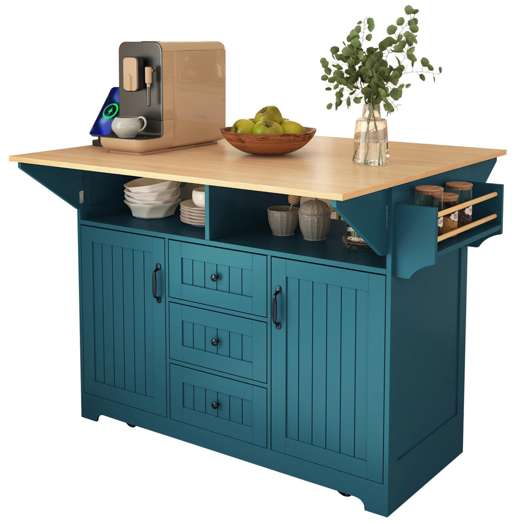 GDFStudio 55.7" Large Kitchen Island with 2 Drop Leaf,Rolling Kitchen Cart on 5 Wheels with Outlet, Folding Storage Dining Table with Spice & Towel Rack,3 Drawers,for Kitchen, Dining Room,White
