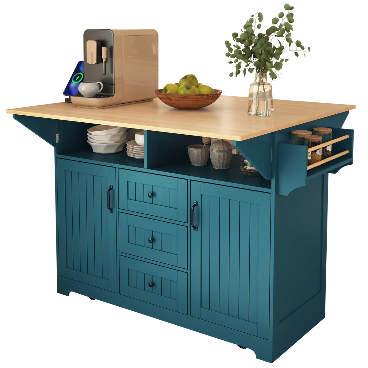 GDFStudio 55.7" Large Kitchen Island with 2 Drop Leaf,Rolling Kitchen Cart on 5 Wheels with Outlet, Folding Storage Dining Table with Spice & Towel Rack,3 Drawers,for Kitchen, Dining Room,White