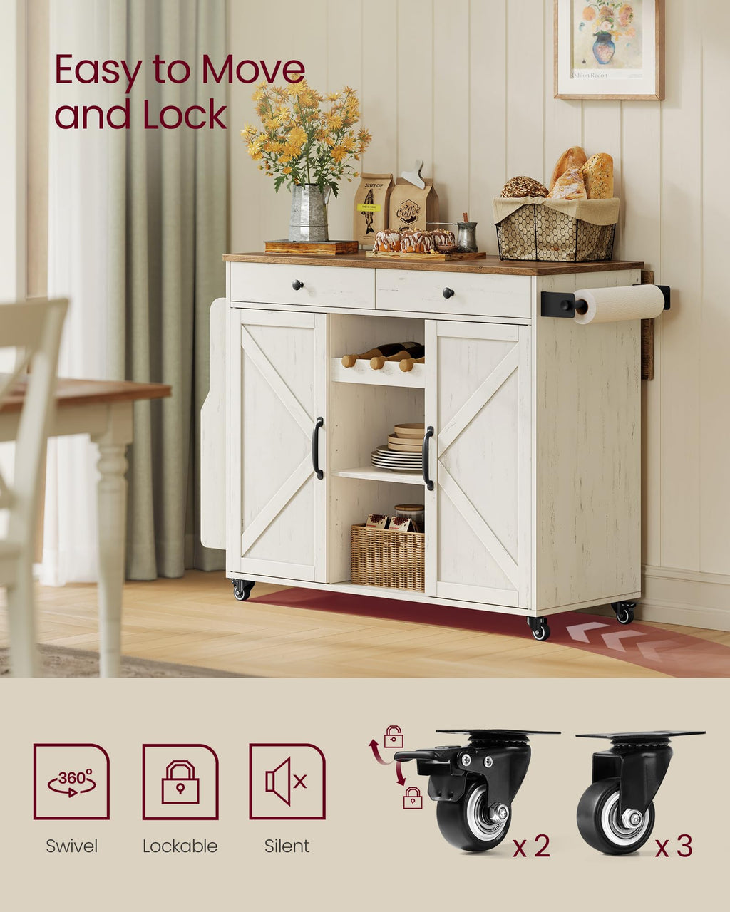 VASAGLE Mobile Kitchen Island with 2 Doors, 2 Drawers