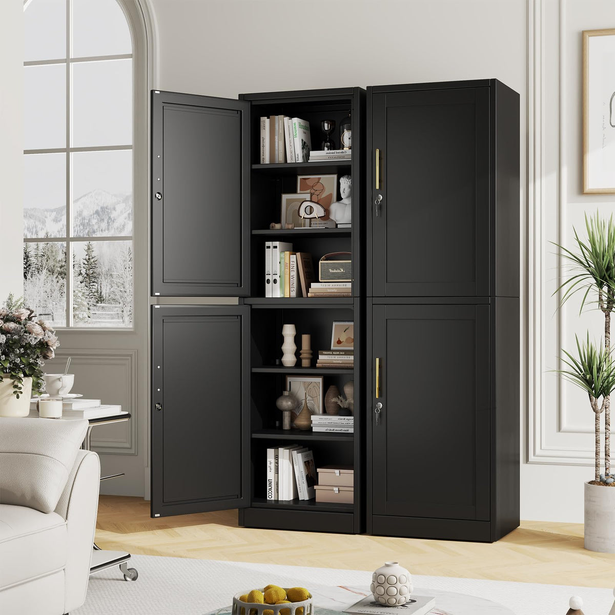 67" Tall Metal Pantry Cabinet, Narrow Freestanding Storage Cabinet, Black