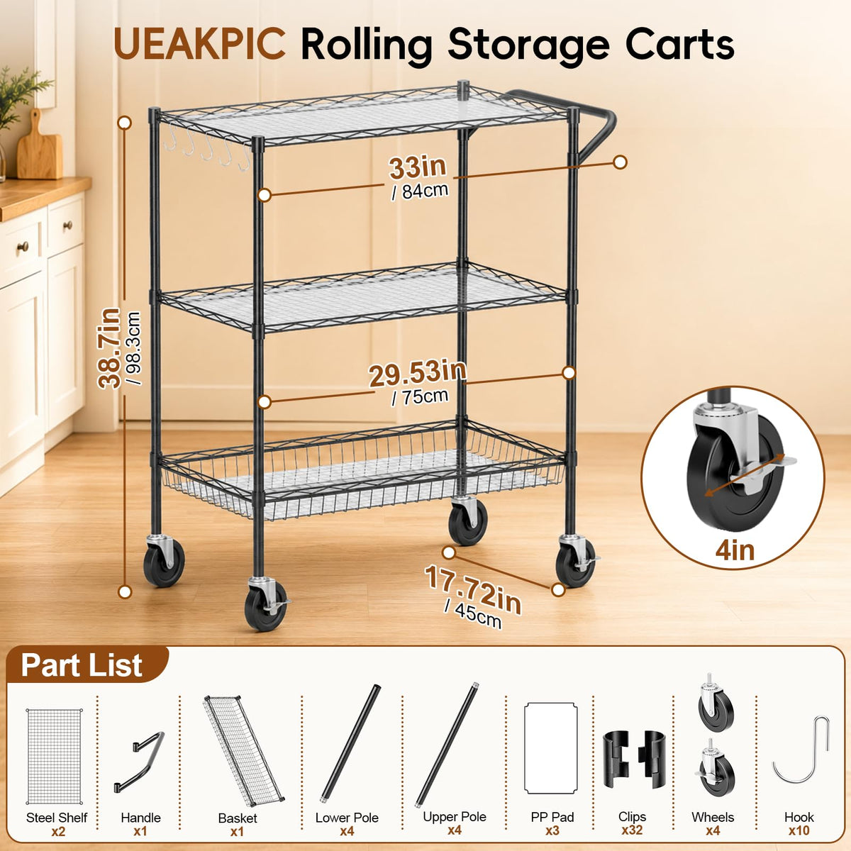3-Tier Kitchen Storage Cart with Wheels, Rolling Utility Cart