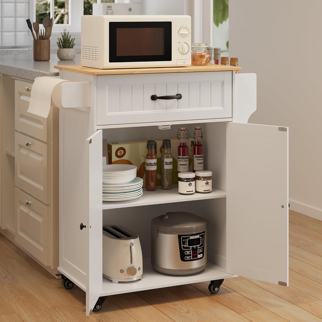 Gizoon Kitchen Island Cart with Adjustable Shelf, White, Tabletop-Oak Color