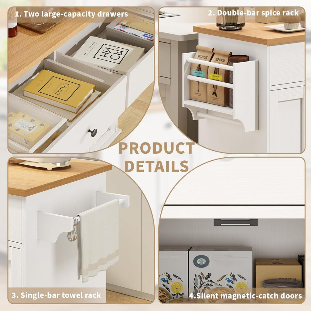 Kitchen Island with Storage, 35.4" Rolling Kitchen Island Cart on Wheels with 2 Drawers&Doors, Portable Kitchen Island Cart with Spice Rack&Towel Rack for Small Spaces Dining Room, White