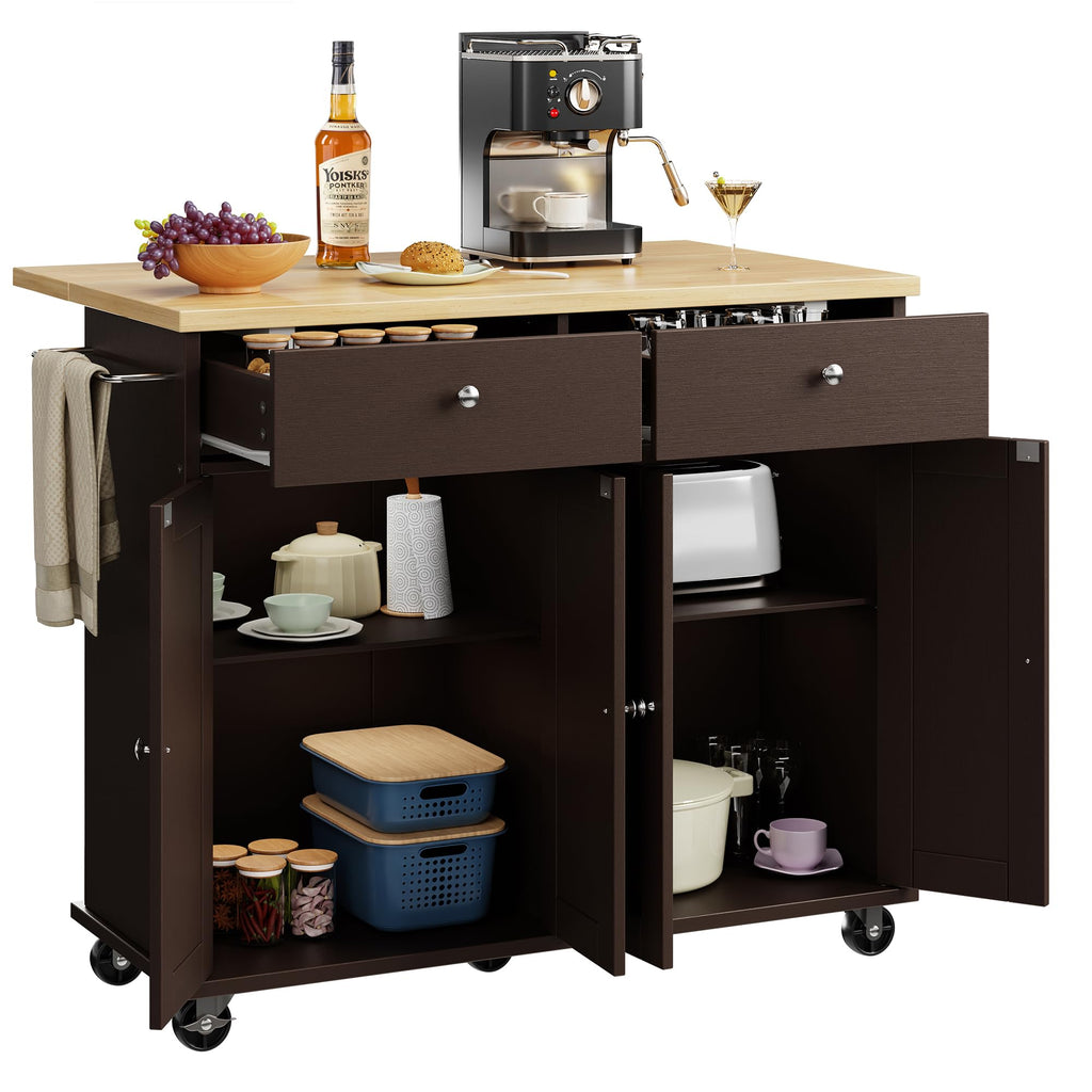 Shintenchi Kitchen Island with Drop Leaf, Rolling Kitchen Cart with Storage on Wheels, Table Bar Cart for Kitchen with Towel Rack & Seating Area for Dining Room, White