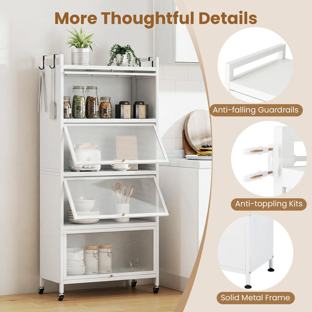 GIANTEX 5-Tier Kitchen Storage Cabinet, 4 PC Doors, Rolling Wheels, White