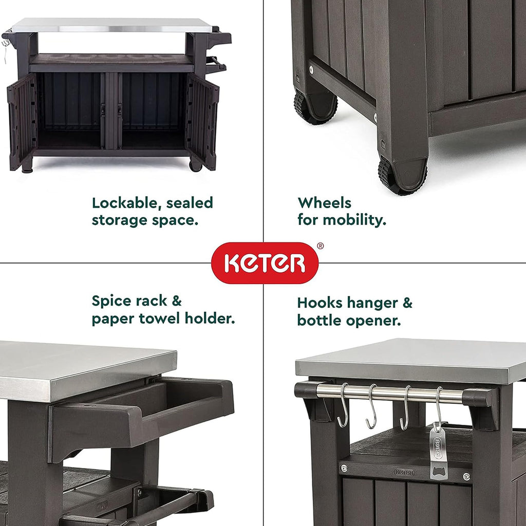 Keter Unity XL Portable Outdoor Table with Stainless Steel Top for Kitchen Prep and Outdoor Storage Cabinet for Grilling Accessories, Dark Grey