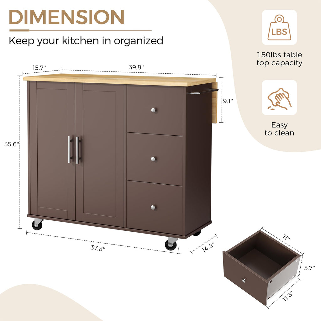 JY QAQA 40" Kitchen Island Cart Furniture cart on Wheels Rolling Portable Dining Room Serving Utility Carts Mobile Movable with Drawers Cabinet,Black