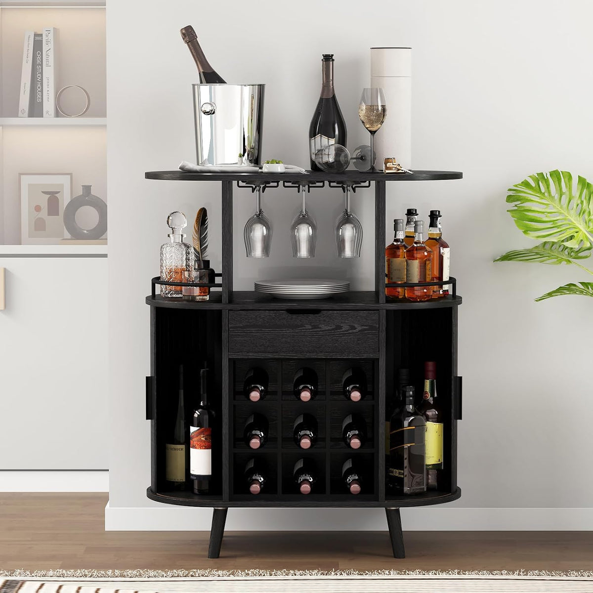 31.5" Black Bar Cabinet with Wine Rack & Sliding Door
