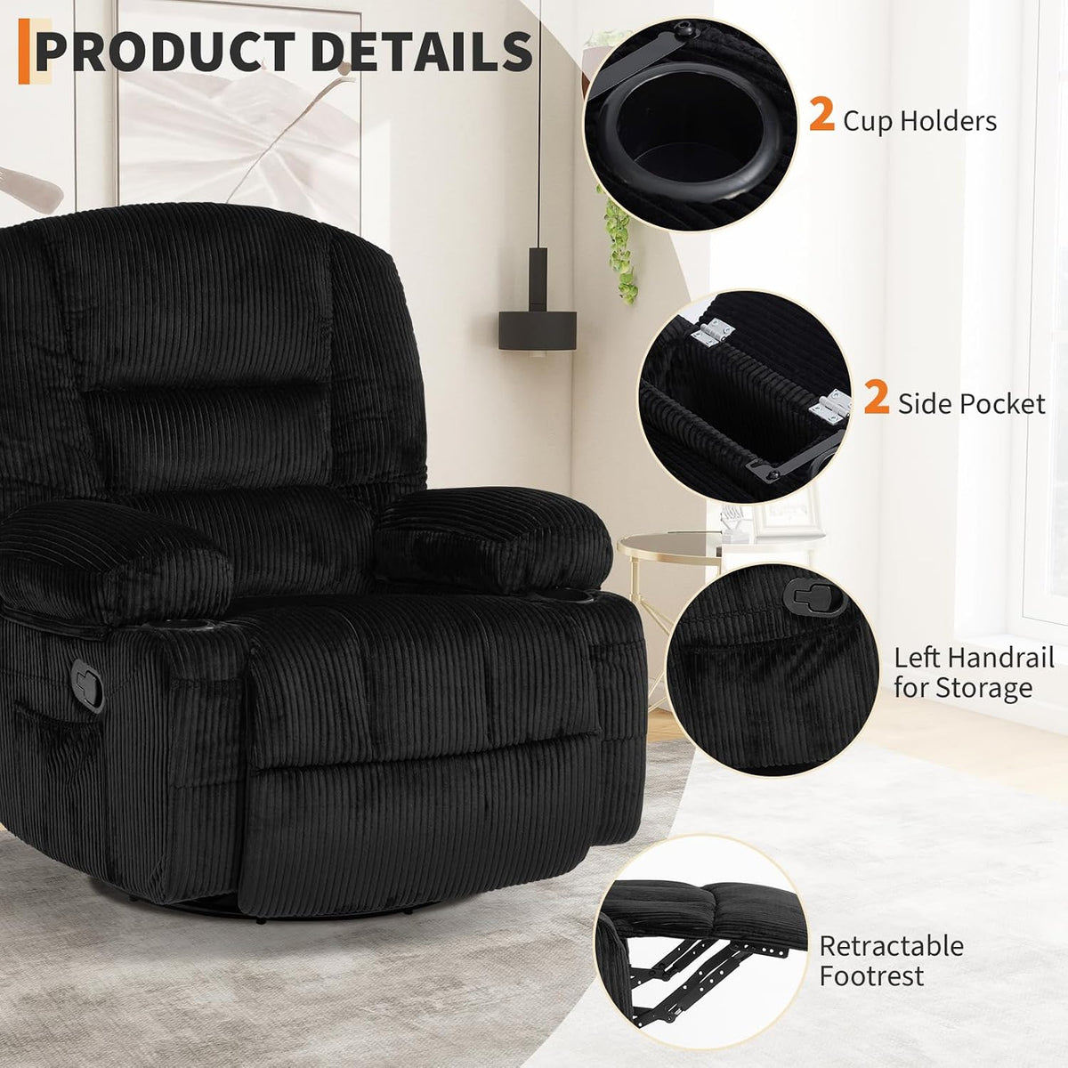 Garvee Oversized Recliner Chair,Extra Wide 360Â° Swivel Rocker Massage Heat