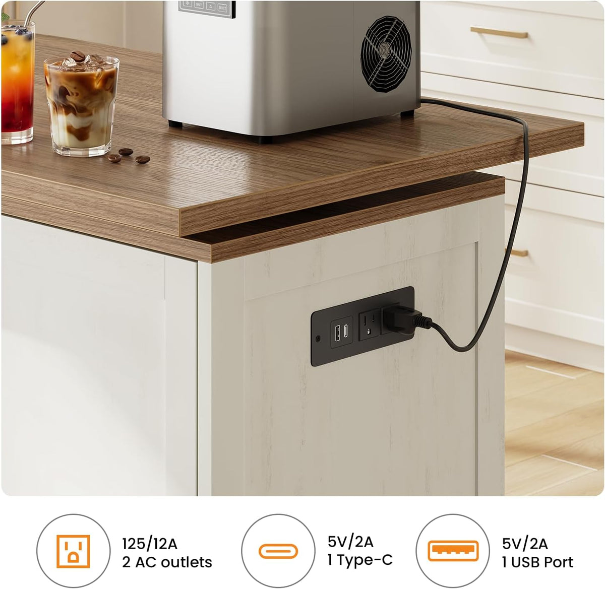 72" Rolling Kitchen Island with 360Â° Swivel Tabletop & Power Outlet,Mobile Kitchen Islands on Wheels with Storage,Farmhouse Wood Island Cart with Spice Rack,Rustic White