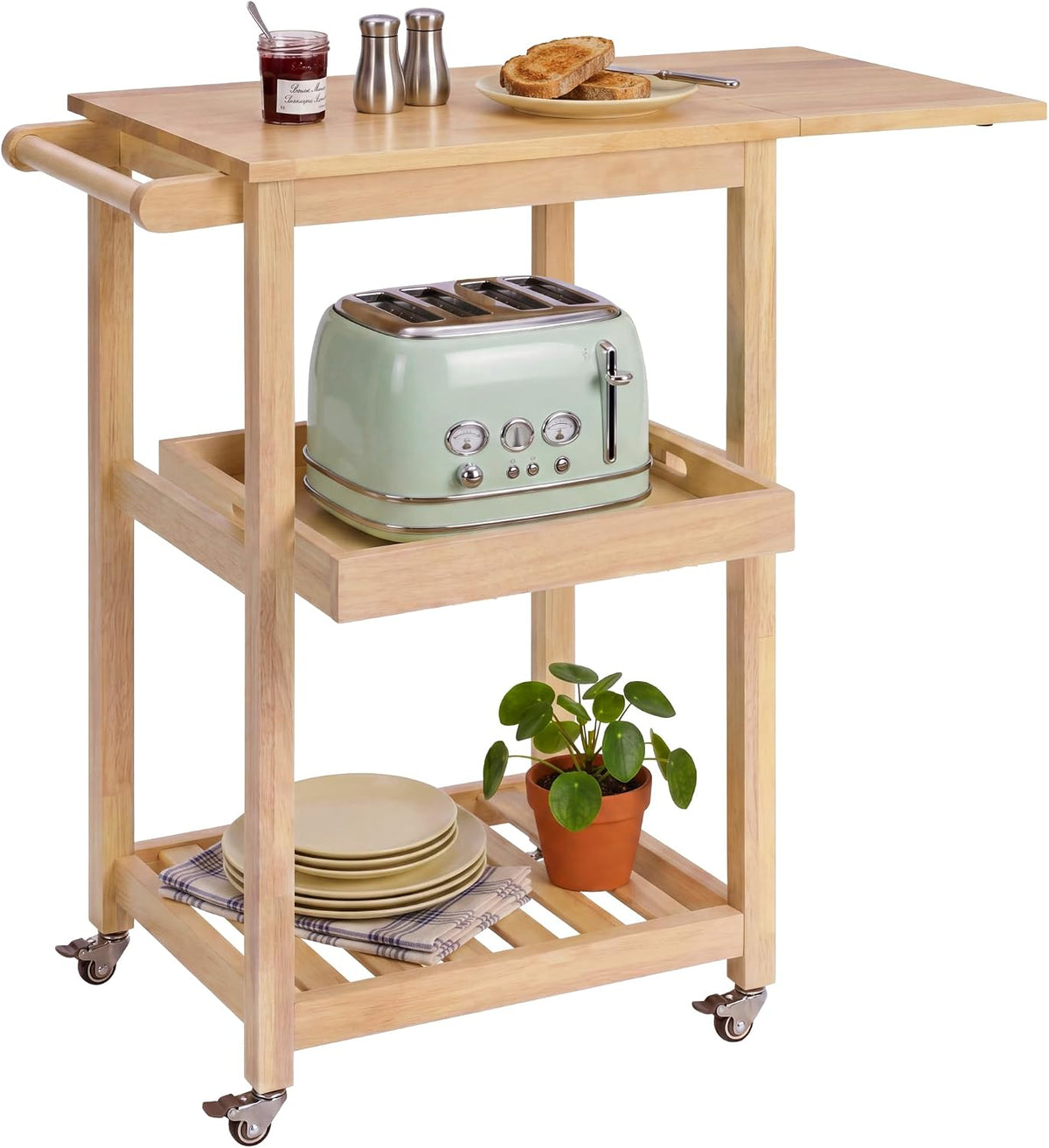 Best Choice Products Rolling Kitchen Island Cart W/Drop Leaf Extension, Solid Wood, Removable Tray, Storage Shelf, Towel Rack, Lockable Wheels, Space-Saving Coffee Cart, Microwave Stand