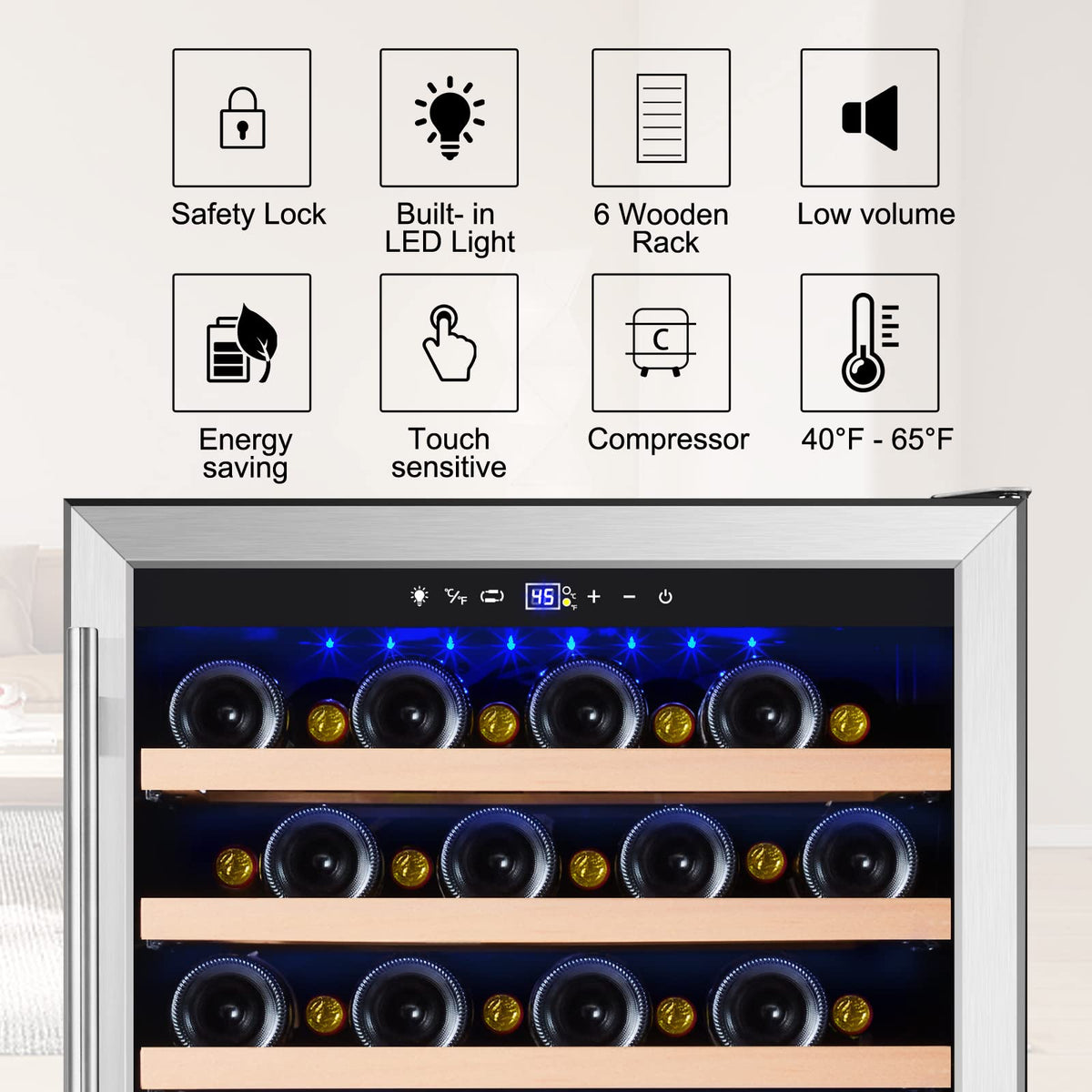 Tylza Wine Fridge 15'', 30 Bottles Wine Cooler Refrigerator, Undercounter or Freestanding, Removable Shelves, 40-65Â°F, Wine Cabinet with Double Glass Door, Wine Cooler for Home, Kitchen, Bar