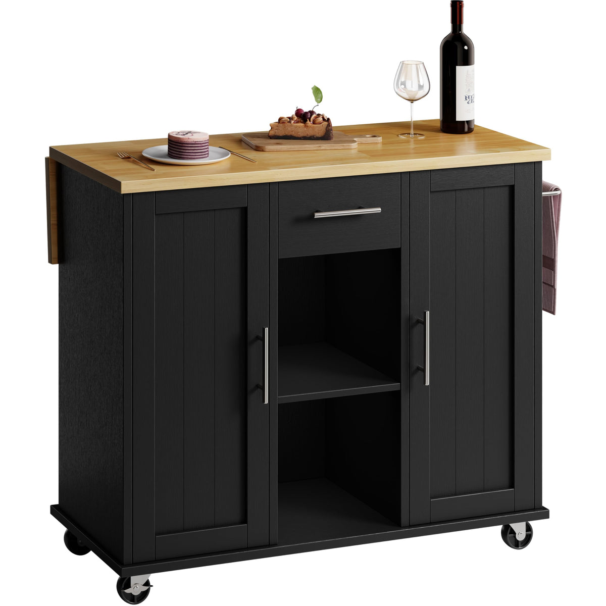 SUNLEI Rolling Kitchen Island Cart with Wheels, Island Table for Kitchen, Farmhouse Kitchen Cart with Drop Leaf & Towel Rack & Drawer, Kitchen Islands Table with Storage Cabinet, Grey