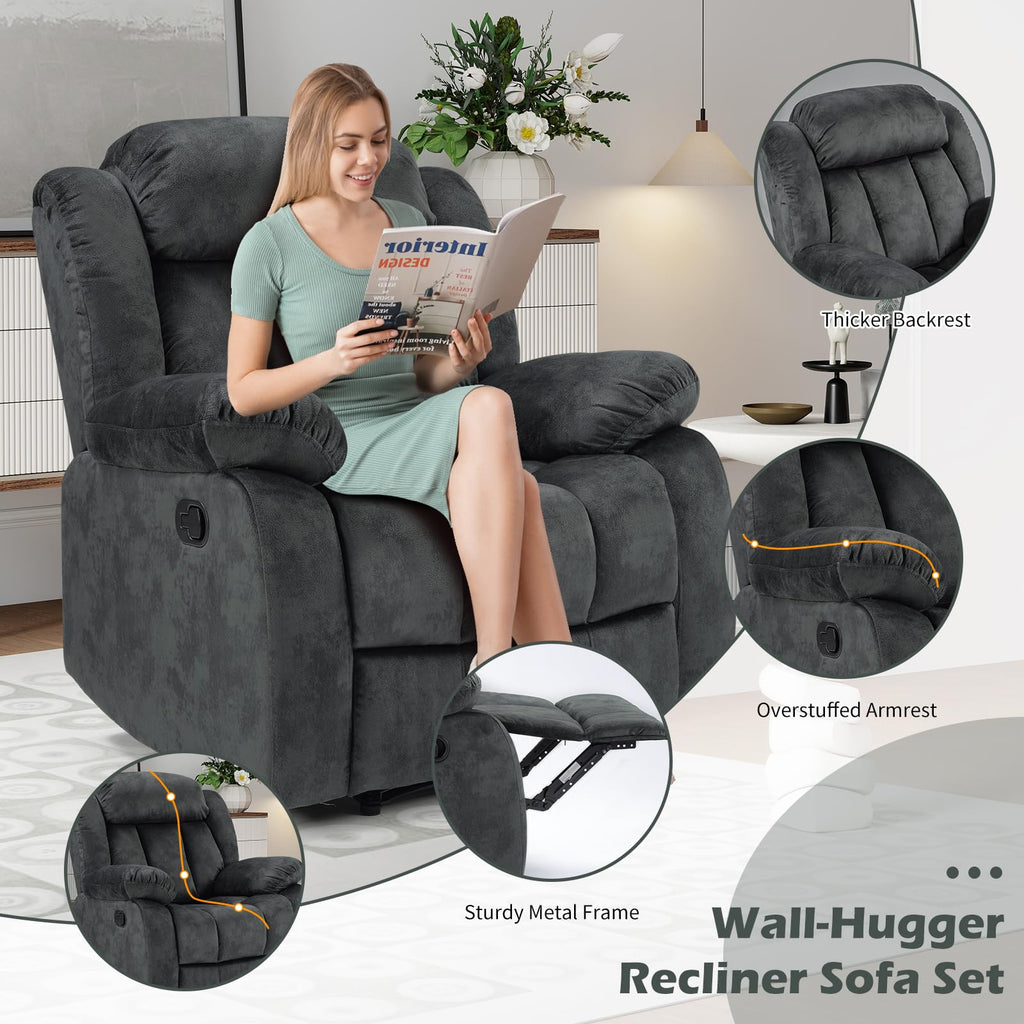 INZOY Manual Recliner Chair with Padded Armrest, Wall-Hugger Single Sofa Recliners with Overstuffed Back, Classical Fabric Reclining Chairs for Living Room Theater Seating, Brown
