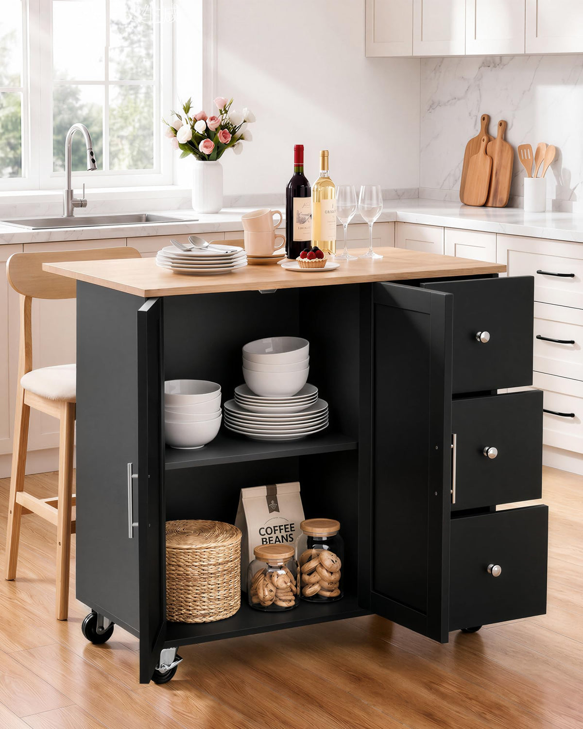 VEVOR Kitchen Island Cart with Storage, 42.28 in Wide Mobile Rolling Storage Island on Swivel Wheels, with Drawer, Storage Cabinet, Drop Leaf, Spice Rack, Table for Home Dining Room, White