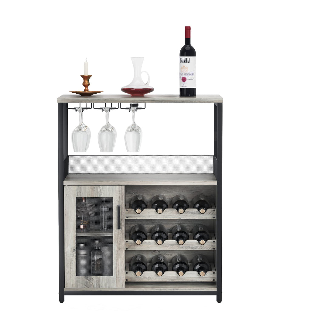 Wine Bar Cabinet, 3-Tier Detachable Wine Rack, Stemware Glass Holder, Mesh Door & Storage Shelves, Liquor Storage Buffet Sideboard for Kitchen, Dining Room, Living Room or Home Bar - Black
