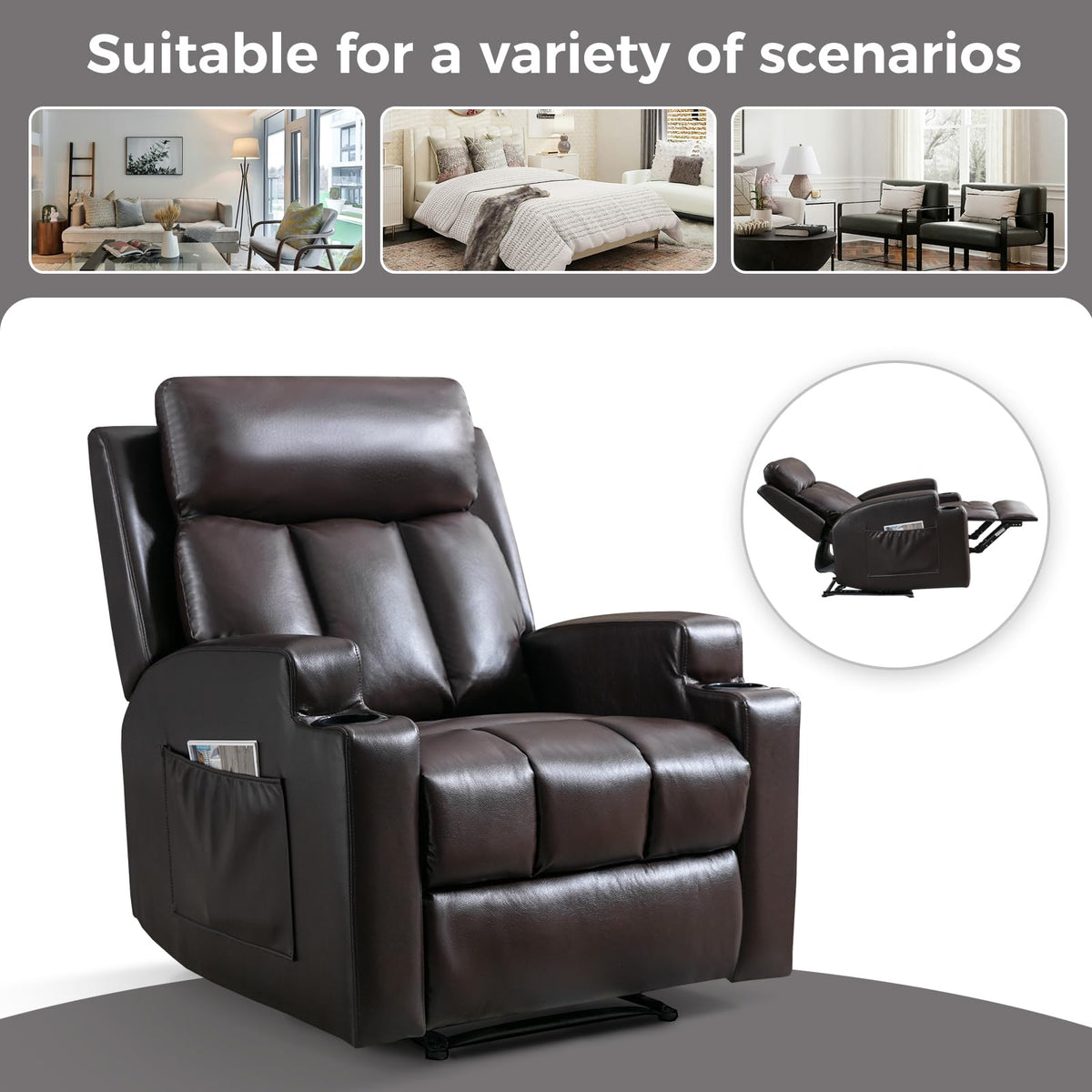 CANMOV Manual Recliner Chair with Massage and Heat, Soft Fabric Recliner Chair with Overstuffed Arm and Back, Manual Reclining Single Sofa with 2 Cup Holders, Side Pocket for Living Room, Dark Grey