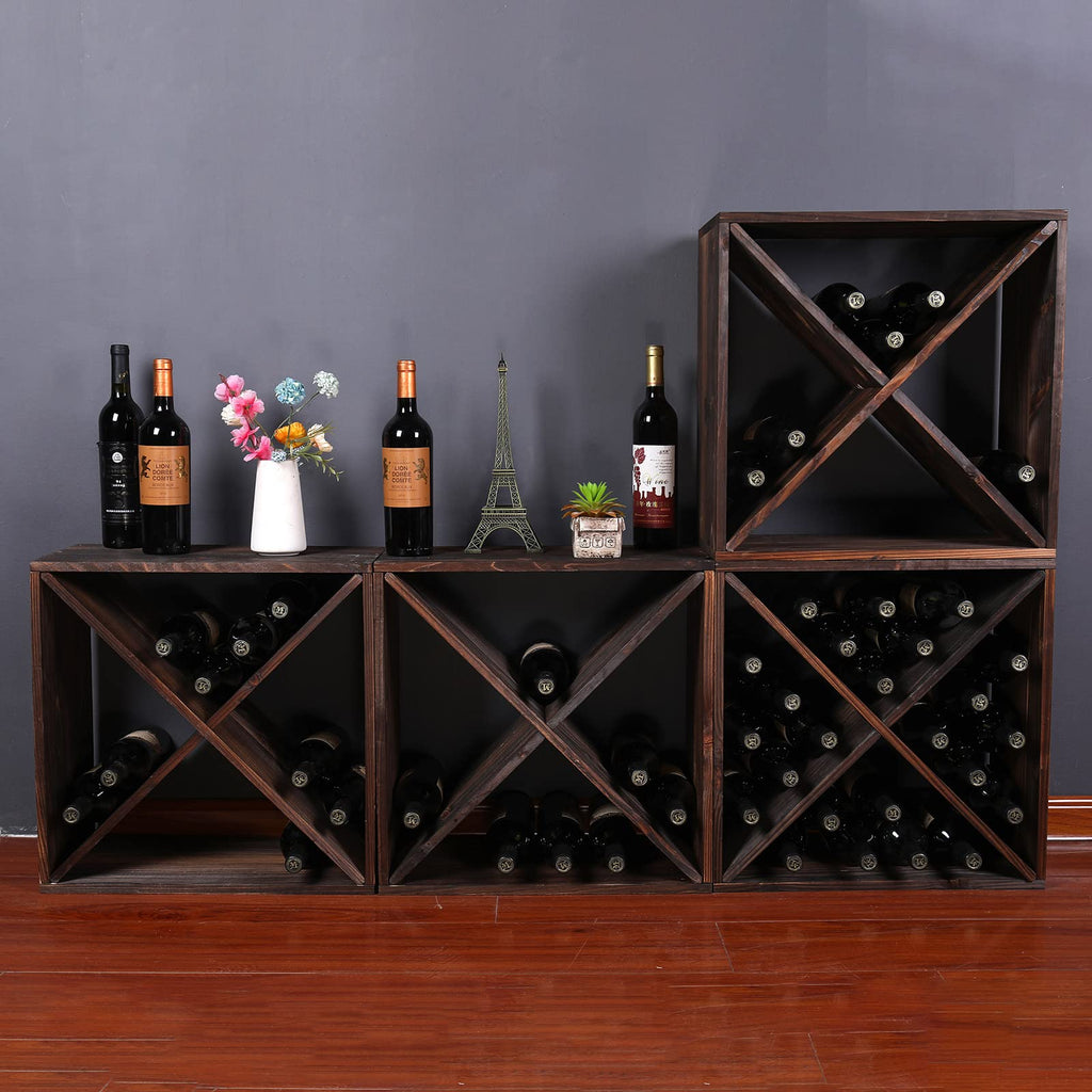 Wine Racks countertop Solid Wood Stackable Storage Rustic Retro Cube 48-Bottle Wooden Wine Rack Wine Cabinet(48BottleBlack)