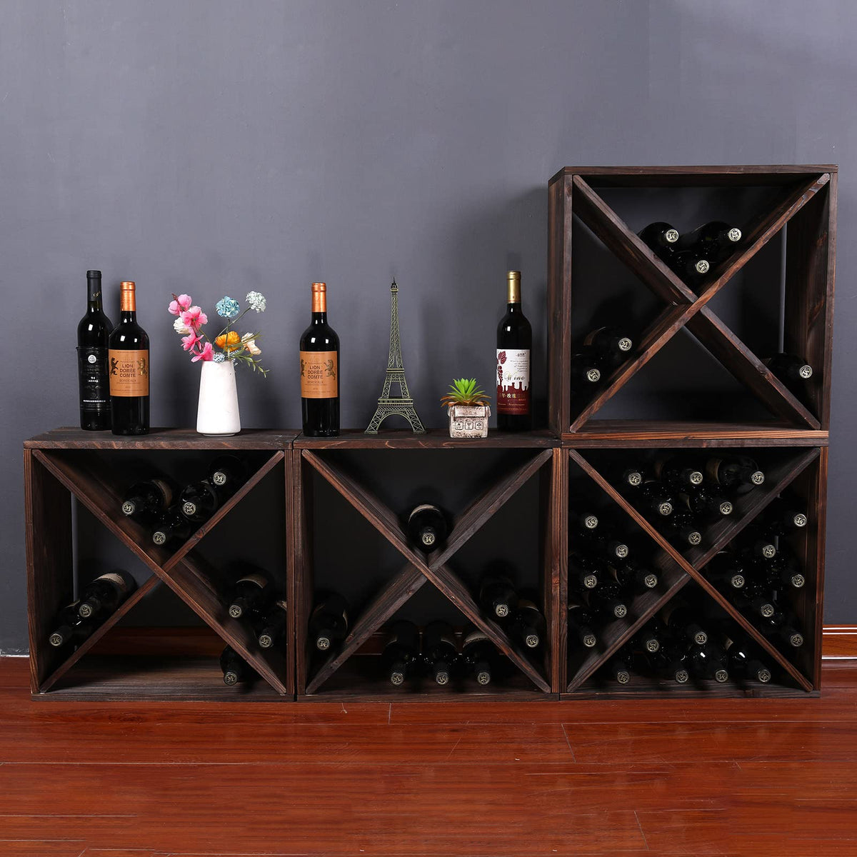 Wine Racks countertop Solid Wood Stackable Storage Rustic Retro Cube 48-Bottle Wooden Wine Rack Wine Cabinet(48BottleBlack)