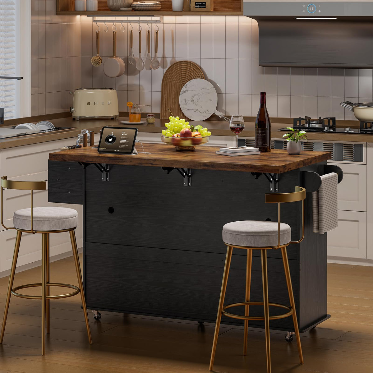 ONBRILL 60" Kitchen Island with Trash Can Storage, Rolling Island Table