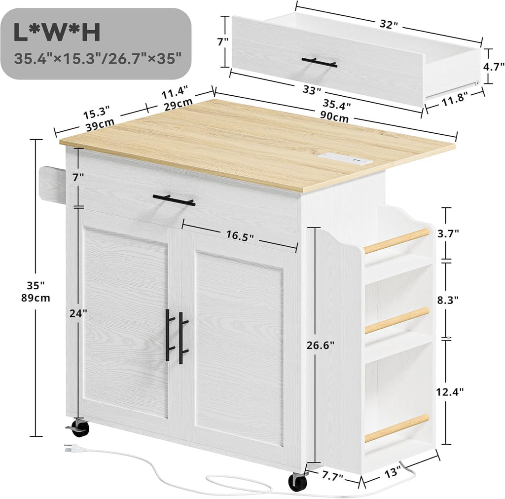 IRONCK Kitchen Island with Power Outlet, 3-Tier Side Storage Rack, White