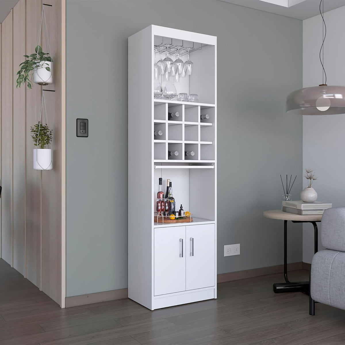 71" Modern Tall Bar Cabinet with 2 Doors Cabinet, 5-Tier Bistro Organizer with 12-Bottle Wine Rack & 12 Stemware Slots, Versatile Liquor Cabinets with Pull-Out Tray for Bar Kitchen Living Room,White