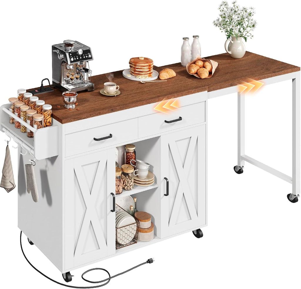 YATINEY Extendable Kitchen Island, Large Mobile Kitchen Storage Island, Rolling Kitchen Cart with Outlets, Island Table for Kitchen, White ZD03UWH
