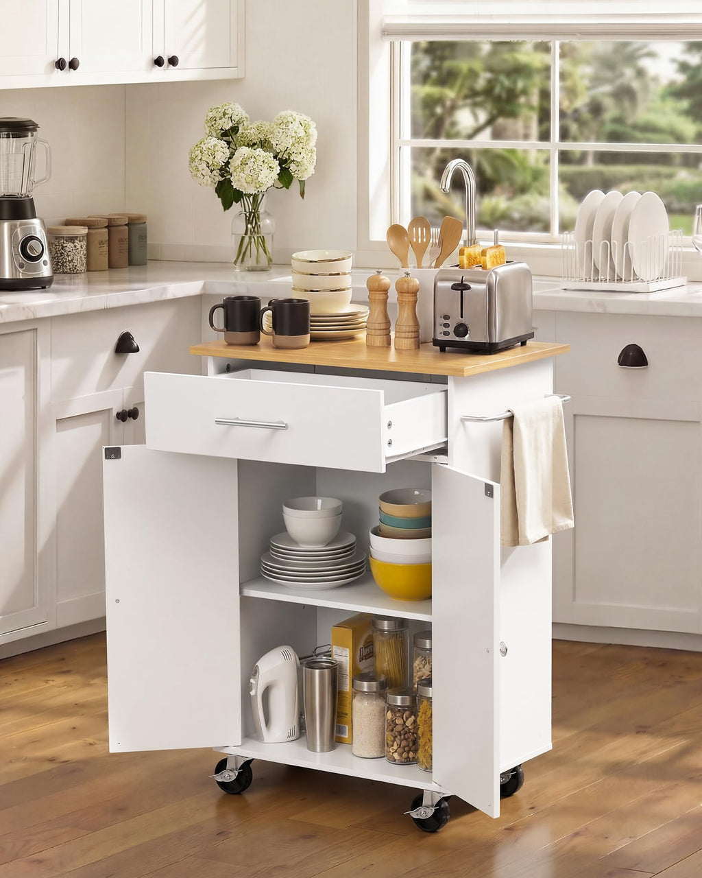 VEVOR Kitchen Island Cart with Storage, 42.28 in Wide Mobile Rolling Storage Island on Swivel Wheels, with Drawer, Storage Cabinet, Drop Leaf, Spice Rack, Table for Home Dining Room, White