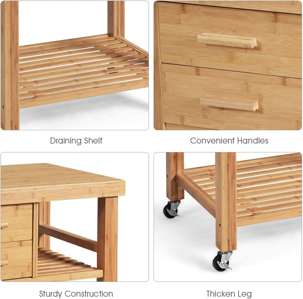 GIANTEX Kitchen Island, Bamboo Island Cart, Kitchen Trolley Cart on Wheels, Rolling Kitchen Cart, 2 Drawers, Towel Rack, Casters with Lock (Natural)