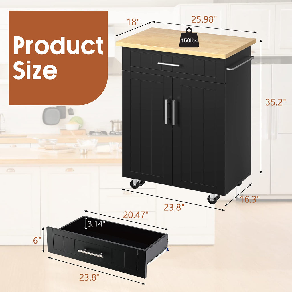 JY QAQA 26" Rolling Kitchen Island Cart on Wheels, Mobile Storage Cabinet with Adjustable Inner Shelves, Kitchen Prep Cart with Towel Rack & Lockable Casters for Small Apartment Kitchen, White