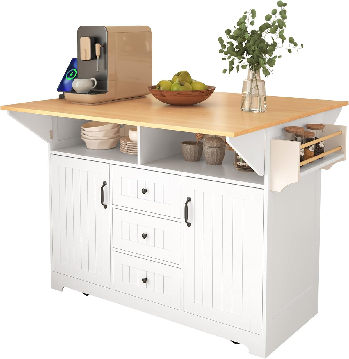 GDFStudio 55.7" Large Kitchen Island with 2 Drop Leaf,Rolling Kitchen Cart on 5 Wheels with Outlet, Folding Storage Dining Table with Spice & Towel Rack,3 Drawers,for Kitchen, Dining Room,White