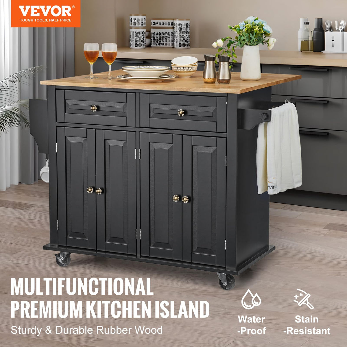 VEVOR Kitchen Island Cart with Storage, 47.64 in Wide Mobile Rolling Storage Island on Swivel Wheels, with 2 Drawers, Storage Cabinet, Drop Leaf, Towel Rack, Table for Home Dining Room, White