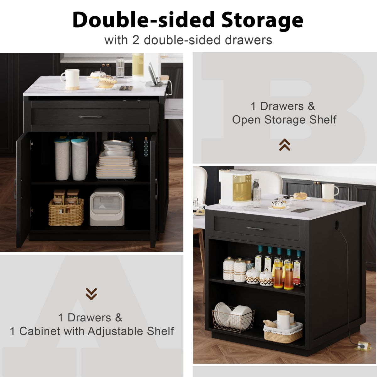 Large Kitchen Island with Extended Dining Table and Power Outlet, Rolling Kitchen Storage Cart with 3 Drawers, Kitchen Island on Wheels with Spice Rack and 2 Door Cabinet, Black