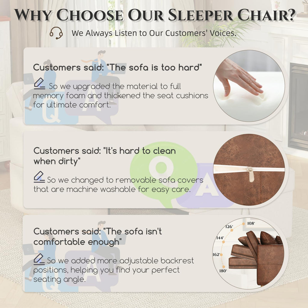 YODOLLA Sleeper Chair Pull Out Bed, Chair Bed Sleeper for Adults, Beige