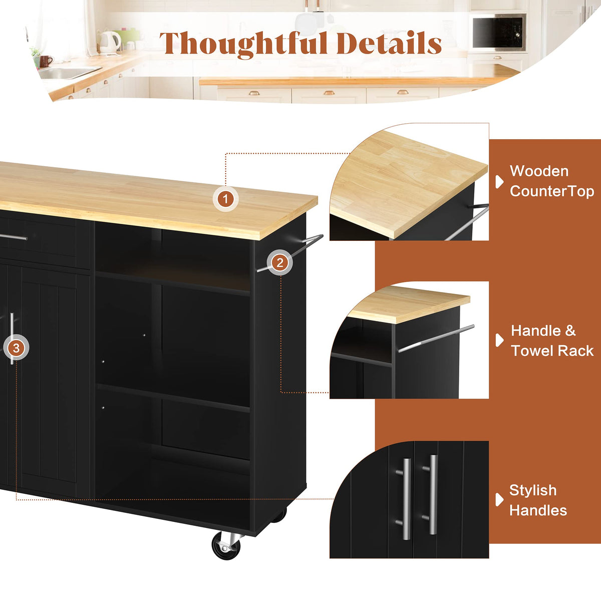 SUNLEI Kitchen Island Cart on Wheels with Storage Cabinet & Drawer, 26" Width Rolling Kitchen Table, Cart Handle for Towel Rack or Free Mobility, Kitchen Cart, Dining Room(Black)