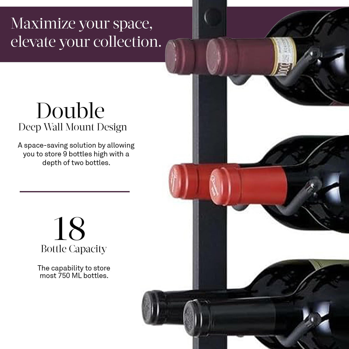 Wine Enthusiast N'FINITY 18 Bottle Wall Mounted Metal Wine Rack â Label Forward Wine Rack with Easy Installation - 3' Tall, 2 Column Deep (Black)