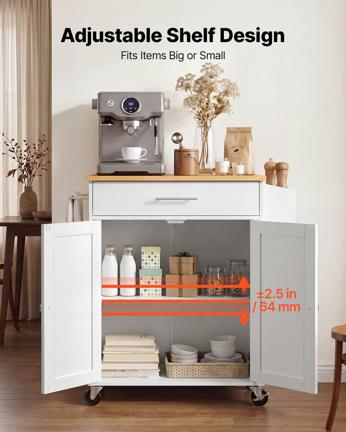VEVOR Kitchen Island Cart with Storage, 47.64 in Wide Mobile Rolling Storage Island on Swivel Wheels, with 2 Drawers, Storage Cabinet, Drop Leaf, Towel Rack, Table for Home Dining Room, White