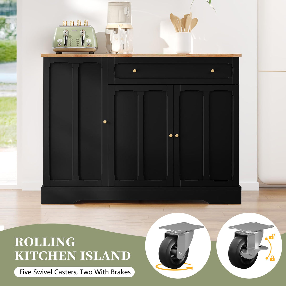 HLR Kitchen Island with Drop Leaf & Storage, Solid Rubber Wood Top Rolling Kitchen Cart with Carved Recessed Panel Doors, Large Mobile Island Table on Wheels for Kitchen, Dining Room (Green)