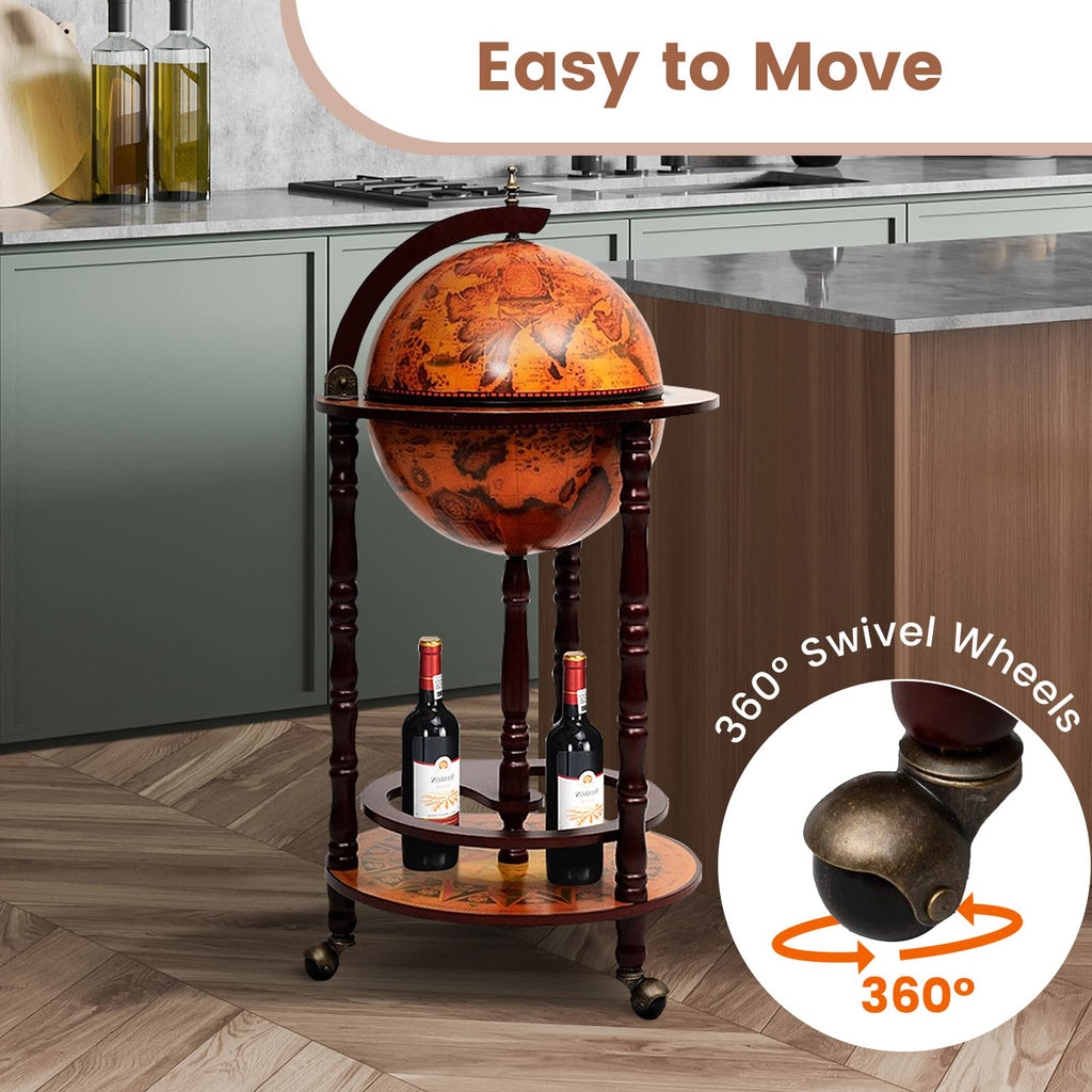 Goplus Globe Bar, 17.5â Globe Bar Liquor Cabinet with Wheels, Bottom Shelf, Old World Map, 16th Century Italian Replica Bar Globe, Retro Wine Stand, Globe Bar Cart for Dining Room Living Room Home