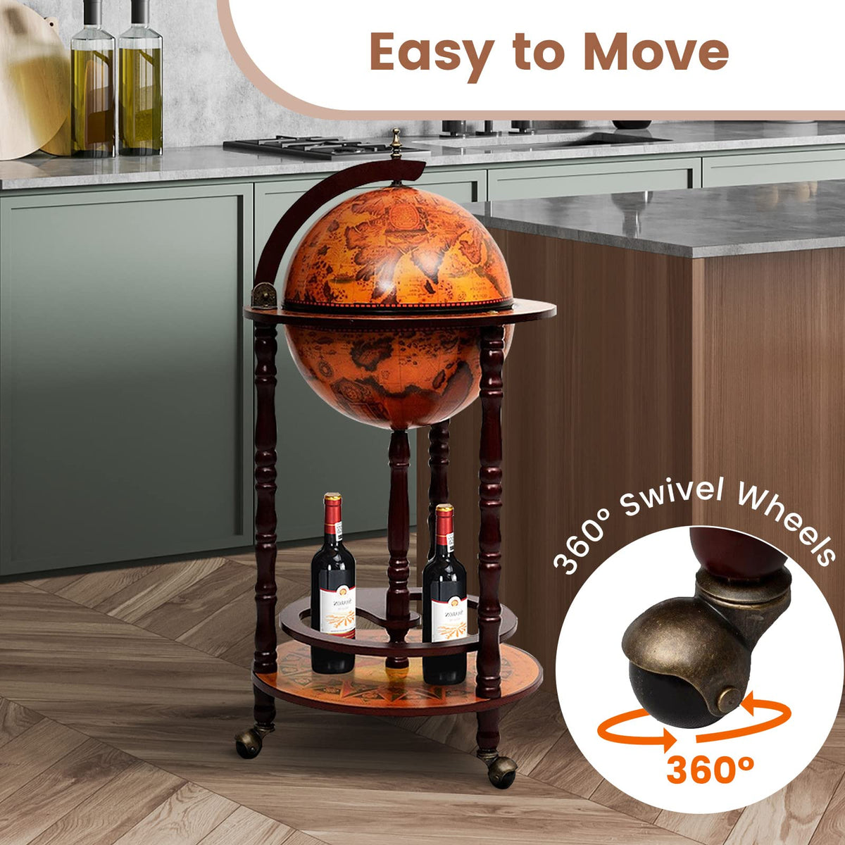 Goplus Globe Bar, 17.5â Globe Bar Liquor Cabinet with Wheels, Bottom Shelf, Old World Map, 16th Century Italian Replica Bar Globe, Retro Wine Stand, Globe Bar Cart for Dining Room Living Room Home
