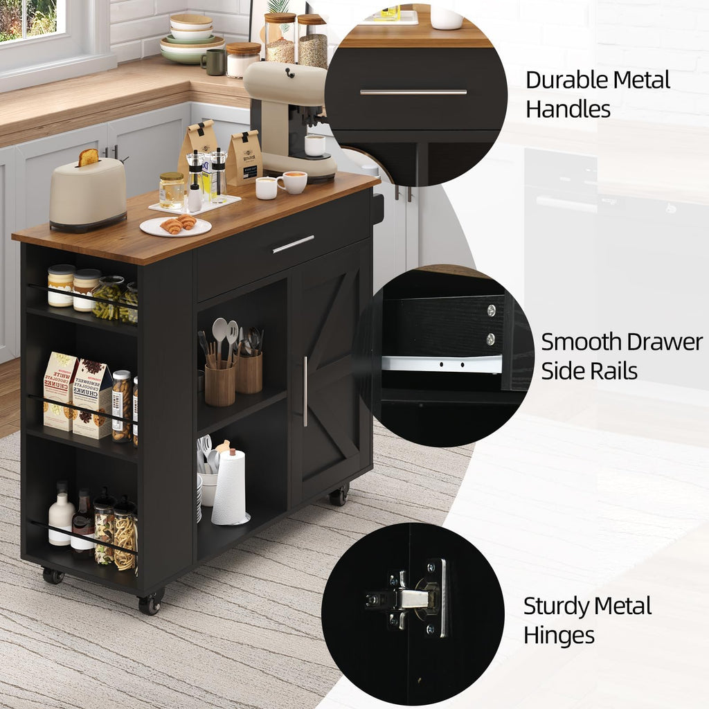 39'' Kitchen Island with Storage, Rolling Kitchen Island on Wheels, Grey