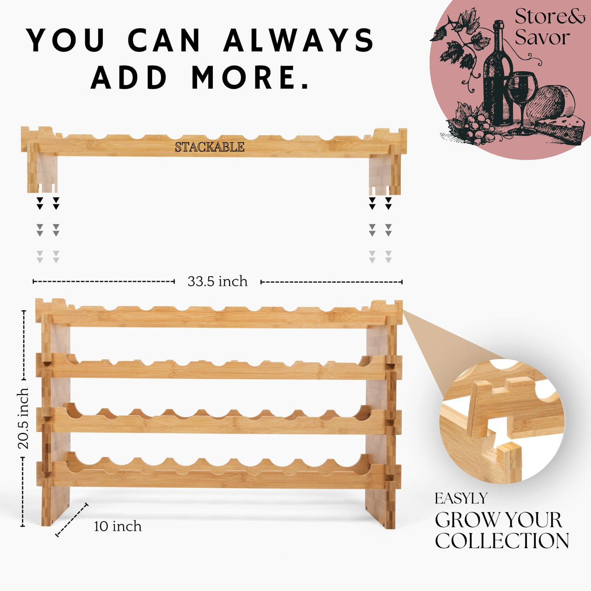 DECOMIL - 72 Bottle Stackable Modular Wine Rack Wine Storage Rack Solid Bamboo Wine Holder Display Shelves, Wobble-Free (Eight-Tier, 72 Bottle Capacity)