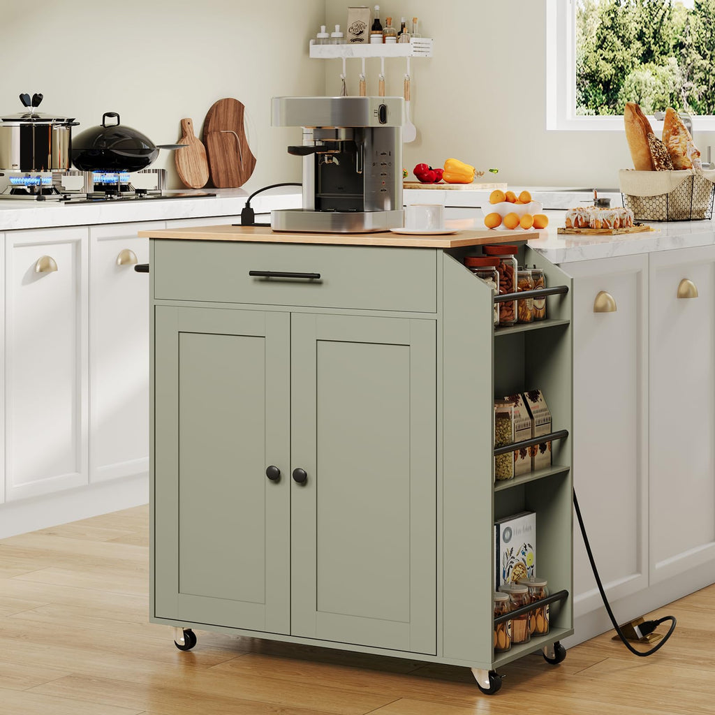 HOOBRO Kitchen Island with Power Outlet, Storage Island with Spice Rack and Drawer, Rolling Kitchen Cart on Wheels, for Home, Dining Room, Rustic Brown and Black