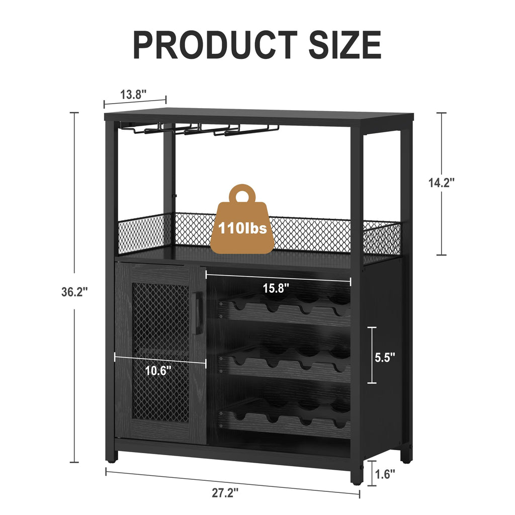 Wine Bar Cabinet, 3-Tier Detachable Wine Rack, Stemware Glass Holder, Mesh Door & Storage Shelves, Liquor Storage Buffet Sideboard for Kitchen, Dining Room, Living Room or Home Bar - Black