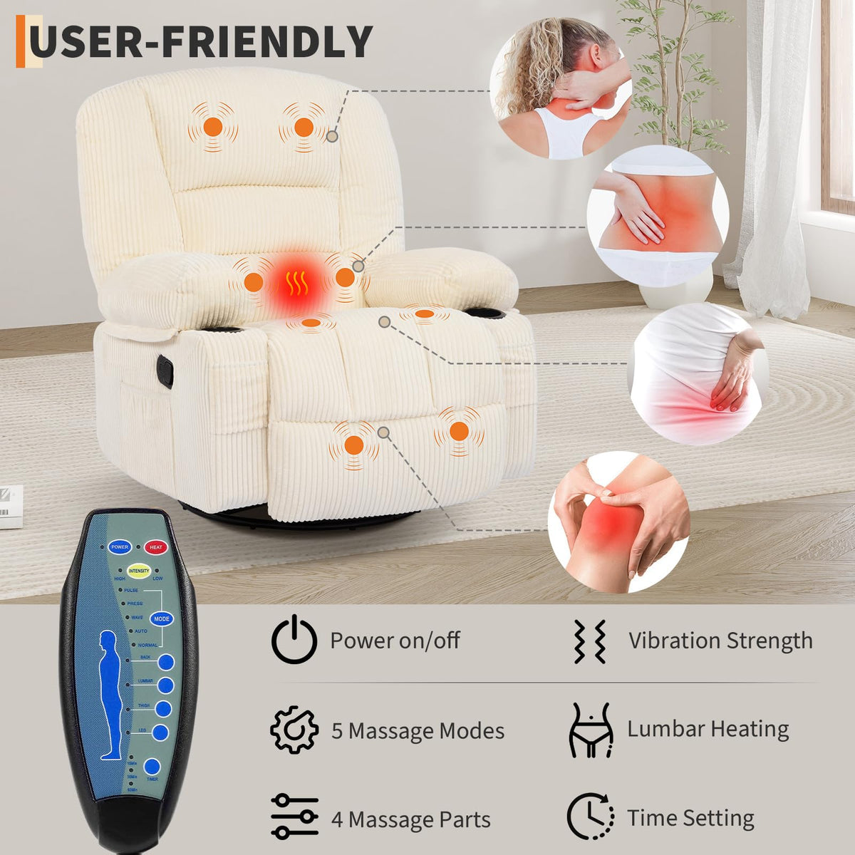 Garvee Oversized Recliner Chair,Extra Wide 360Â° Swivel Rocker Massage Heat